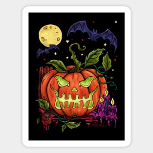 Bright glowing Halloween pumpkin, creepy Jack O Lantern Magnet
